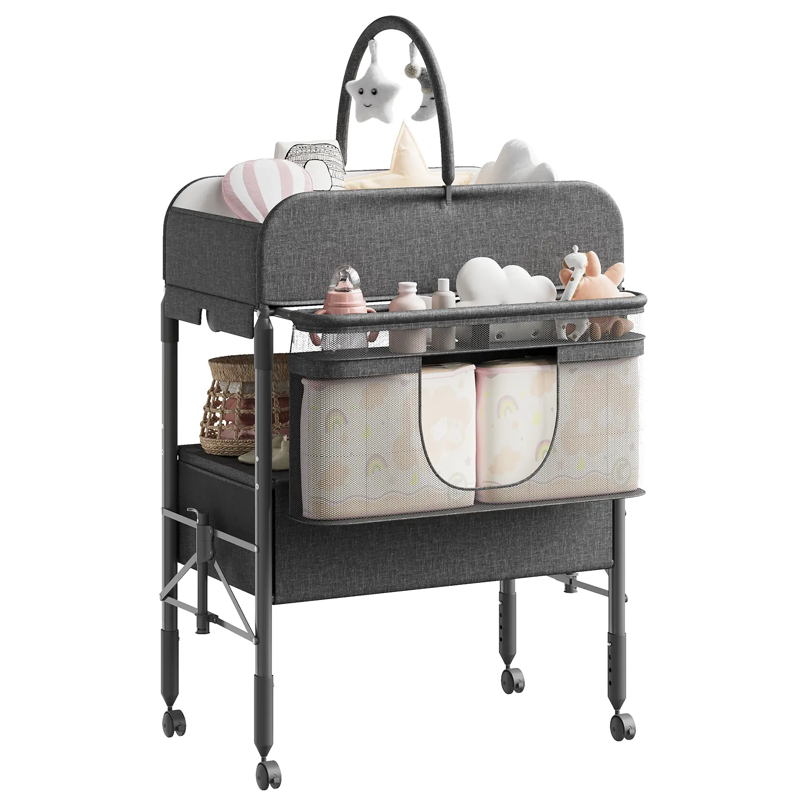 Portable Baby Changing Table, Foldable Changing Station with Waterproof Pad, Adjustable Height Diaper Station with 2 Drawers, Mobile Nursery Organizer for Newborn, Infant, Gray