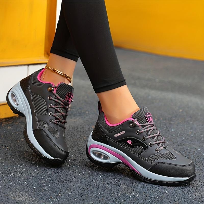 Women's Light Cushioned Hiking Shoes - Comfortable Lace-Up Outdoor Shoes with Arch Support, Black and Pink Design, Outdoor Hiking Shoes