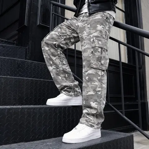 Men's Y2K Grey Camo Pure Cotton Ripped Wide Leg Cargo Jeans - Loose, Oversized, Retro, Baggy, Vintage Washed, Multi-Pocket, Military Utility Trousers with Bomber Fabric - Streetwear for Halloween, Graphic Tee Pairing