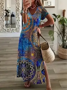 Plus Size Bohemian Mandala Print Long Dress, Ethnic Vacation Style, V Neck Short Sleeve, Loose a Line, Breathable Fabric, Summer Beach Daily Wear