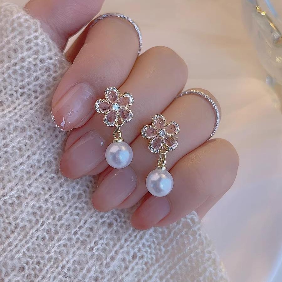 Elegant sweet pink rhinestone flower pearl earrings - new fashion, fresh, unique, and versatile dangle earrings