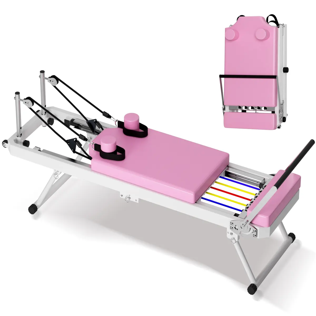 Foldable Pilates Reformer Machine for Home Gym, Pink, Adjustable Dual Resistance, 330.5 lbs Capacity, Iron Frame with Easy Clean Leather