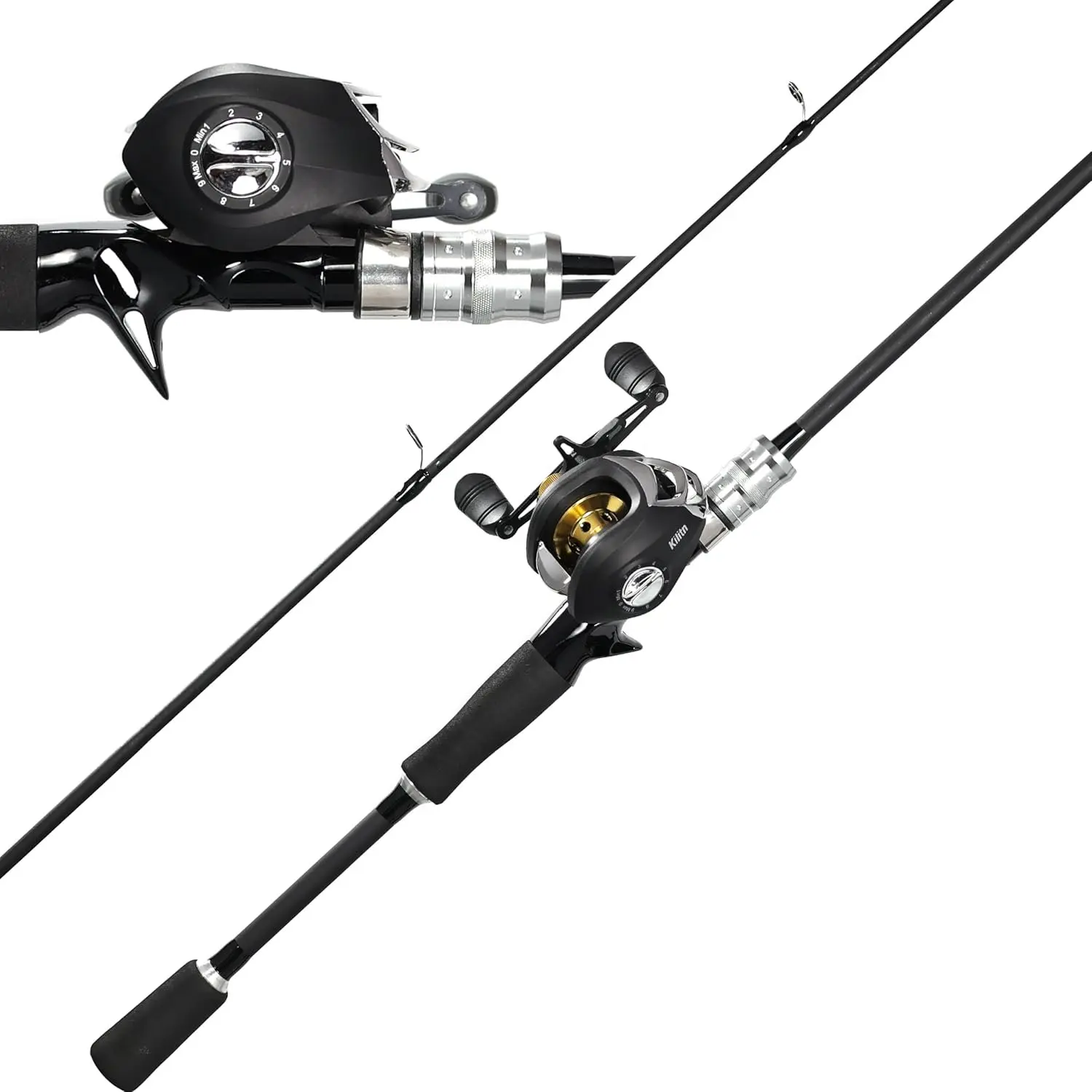 Fishing Rod and Reel Combo, Black Color Baitcasting Combo Baitcast Reel, 2- Baitcaster Rod, Durable Fiberglass with Comfortable EVA Handle