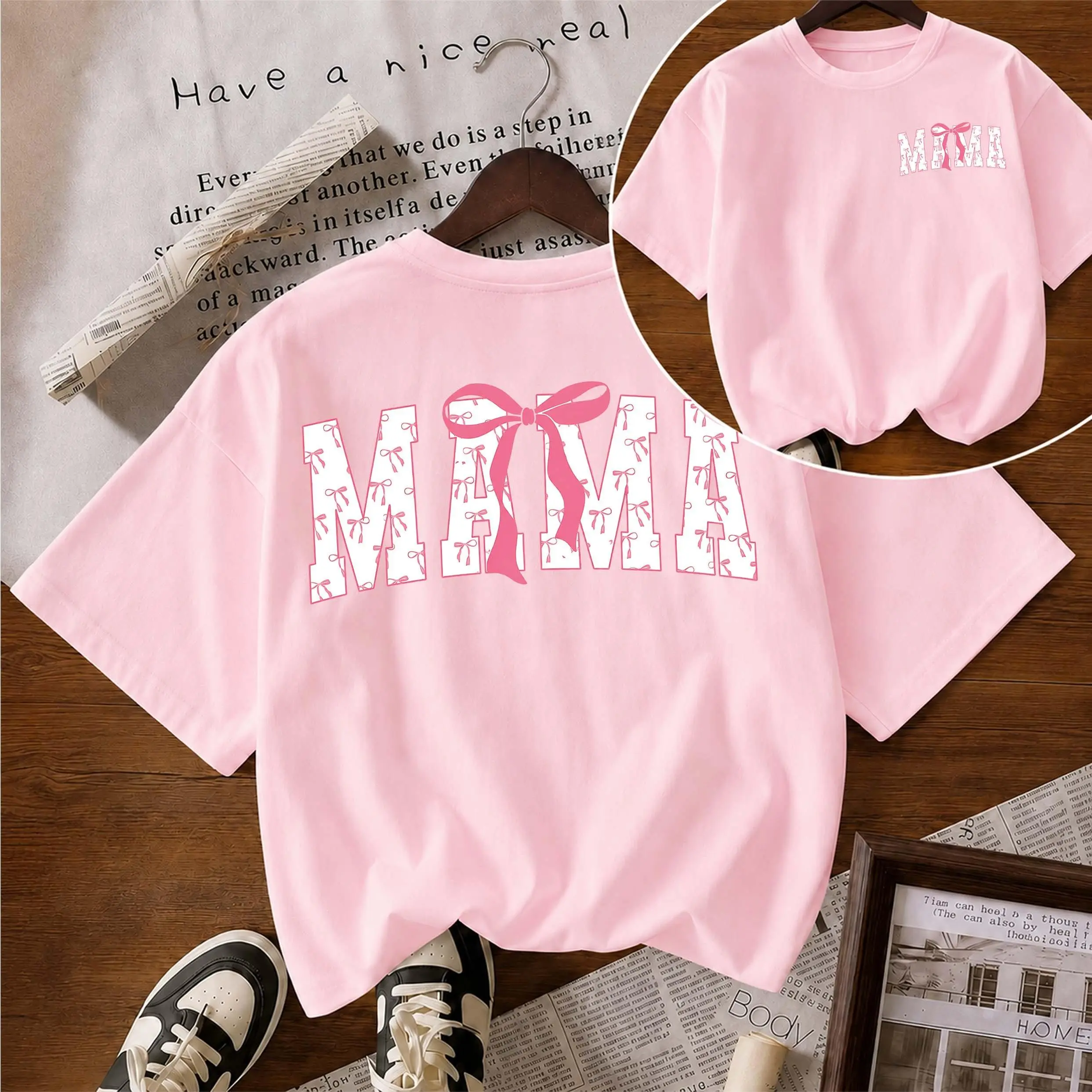 Women's Pure Cotton Short-Sleeve T-Shirt ("MaMa Bow") — A Unisex Casual Staple, Particularly Ideal For Spring And Summer Wear. Featuring A Cool Graphic Design And A Classic Crew-Neck Cut, It Is Suitable For All Four Seasons.