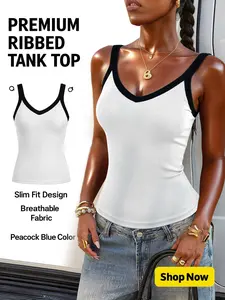 Women's Colorblock V-Neck Ribbed Tank Top, Slim Fit Sleeveless Inner Layer, Fashionable Bodycon Vest for Daily Wear