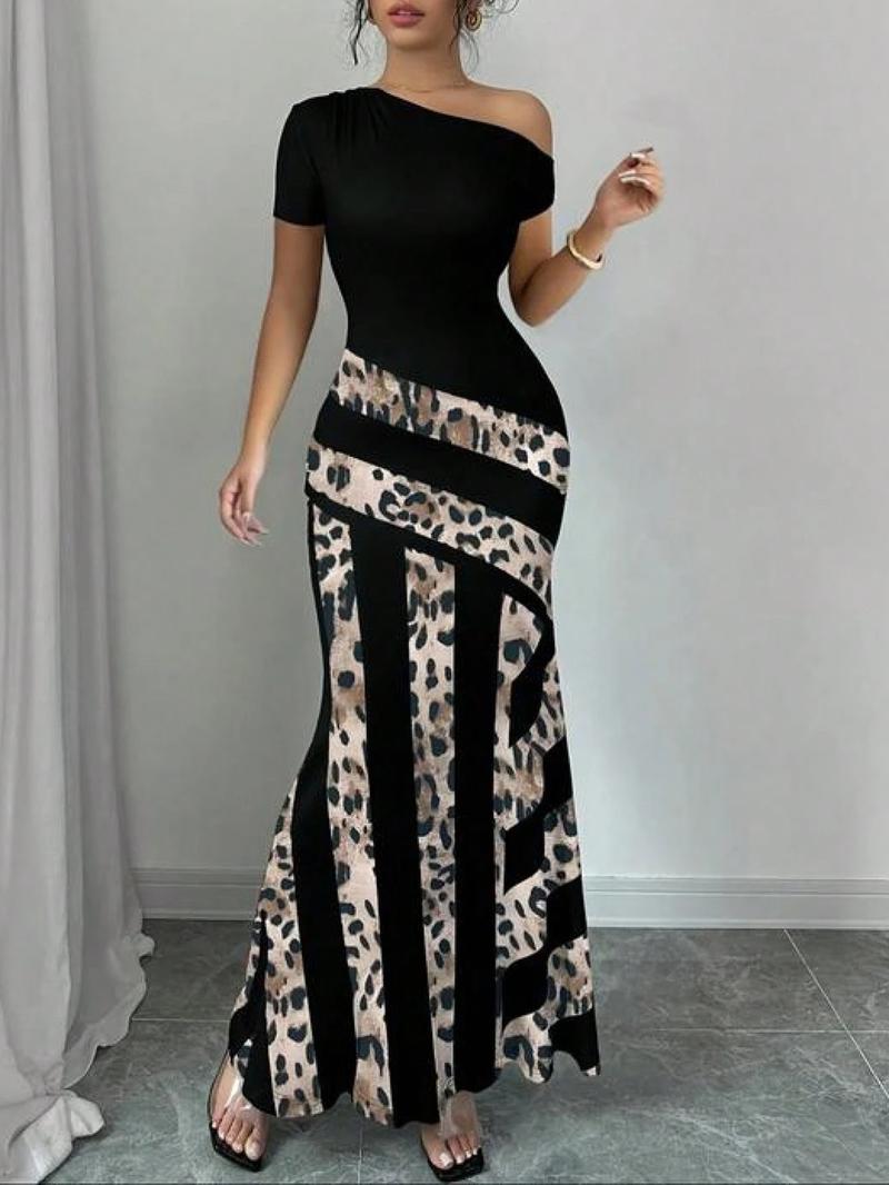 Valentine's Day Women's Colorblock  Asymmetrical Neck Mermaid Dress, Elegant Short  Sleeve   Dress for Party Holiday Wedding Guest, Ladies Summer Clothes