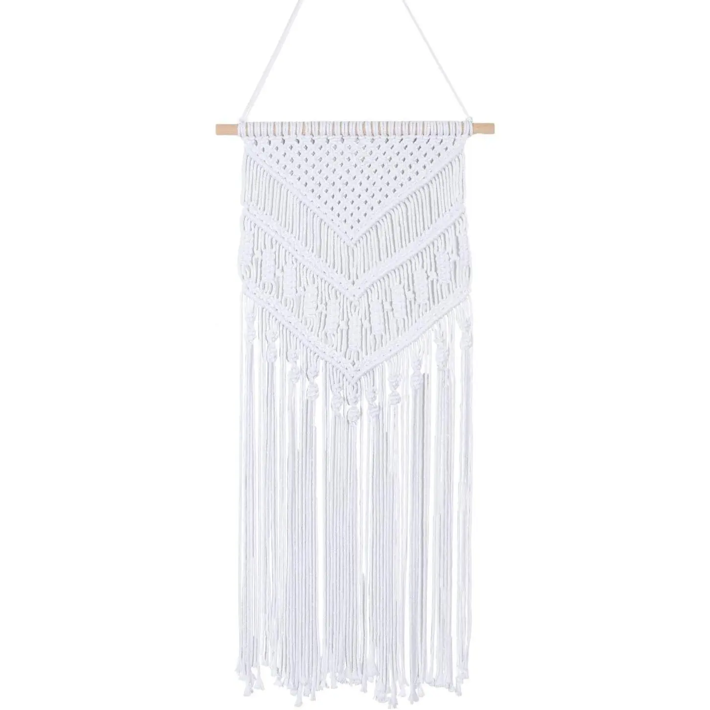 Macrame Wall Hanging Boho Art Hand Woven Geometric Tassel Chic Home Apartment Dorm Room Nursery Party Decoration, White, 16x30 Inches