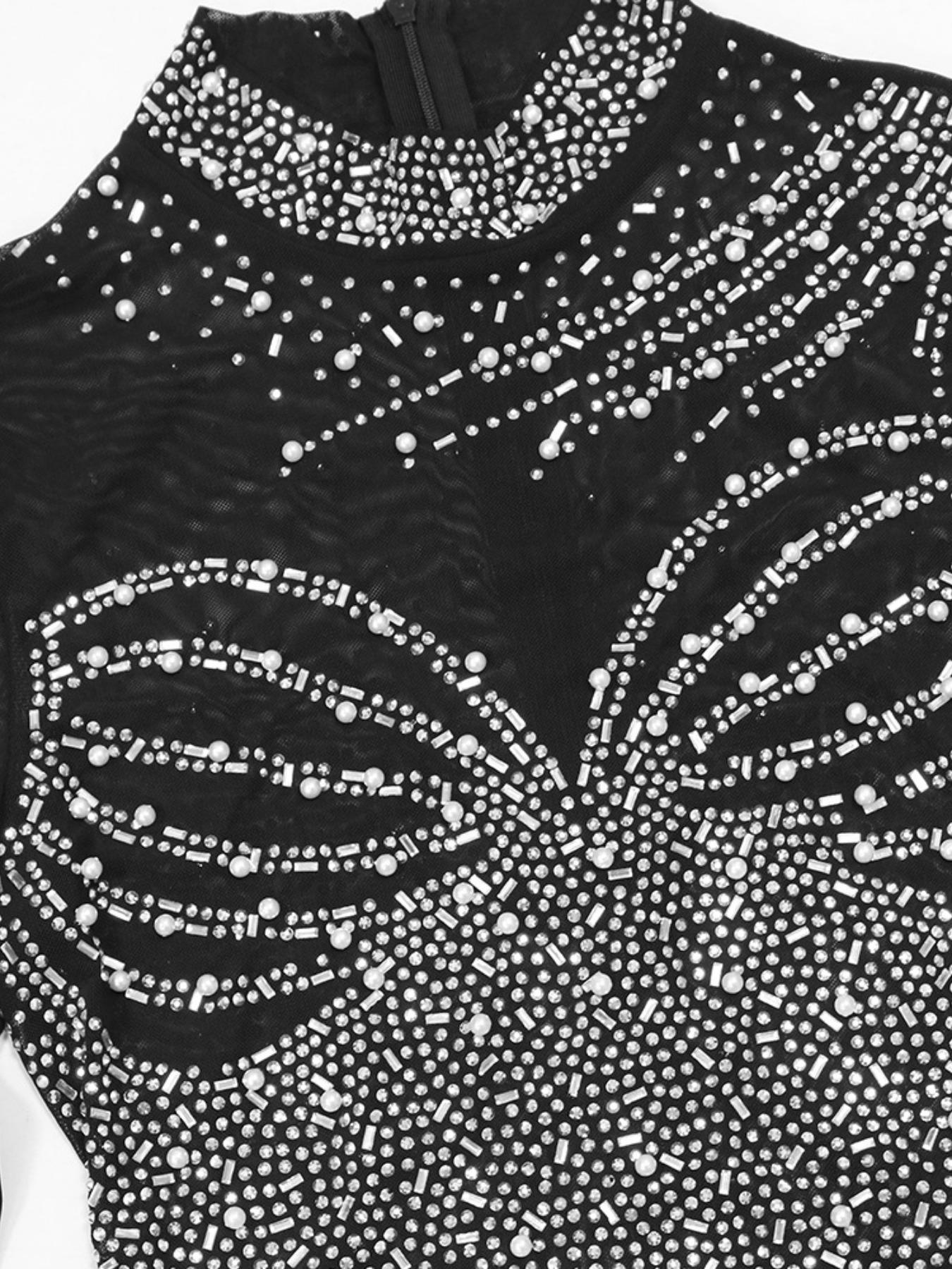 Women's Rhinestone Decor Contrast Mesh Split Thigh Slit Bodycon Dress, Elegant Long Sleeve Stand Collar Evening Party Formal Wear Gown, Ladies Clothes for All Seasons