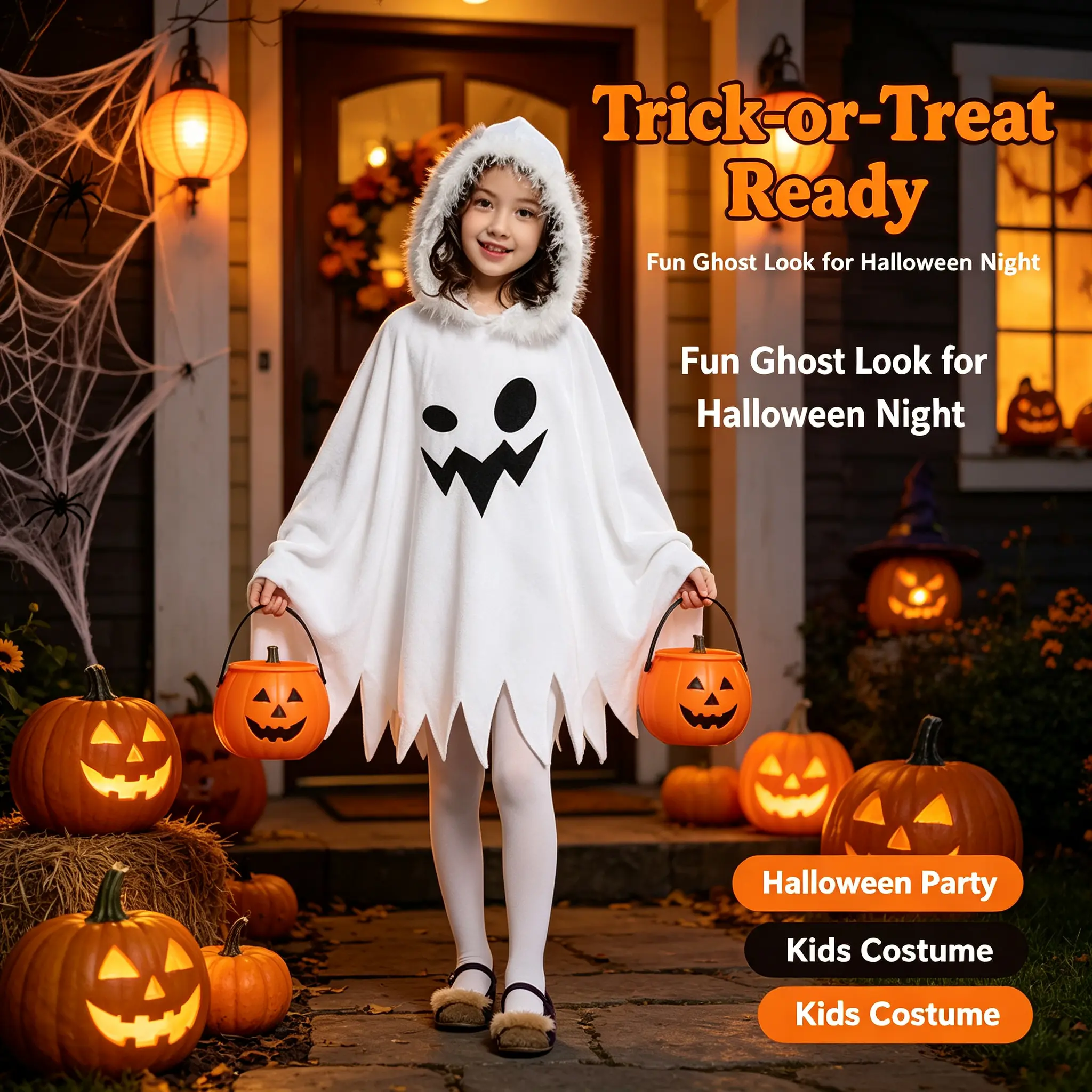 Kids Ghost Halloween Costume | Cute White Ghost Hooded Cape for Girls & Boys