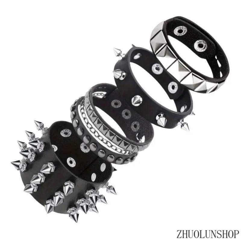 Unisex Exquisite Punk Studded Leather-Mix Wrist Bracelet - Chain Jewelry Bracelets & Bangles with Rivet Rows, Edgy Metal All-Match Fashion Accessory for Party Night, Ideal Sentimental Birthday Gift, Unisex Wear, Ccb Plastic, Alloy, Chain Clause, Ferroallo