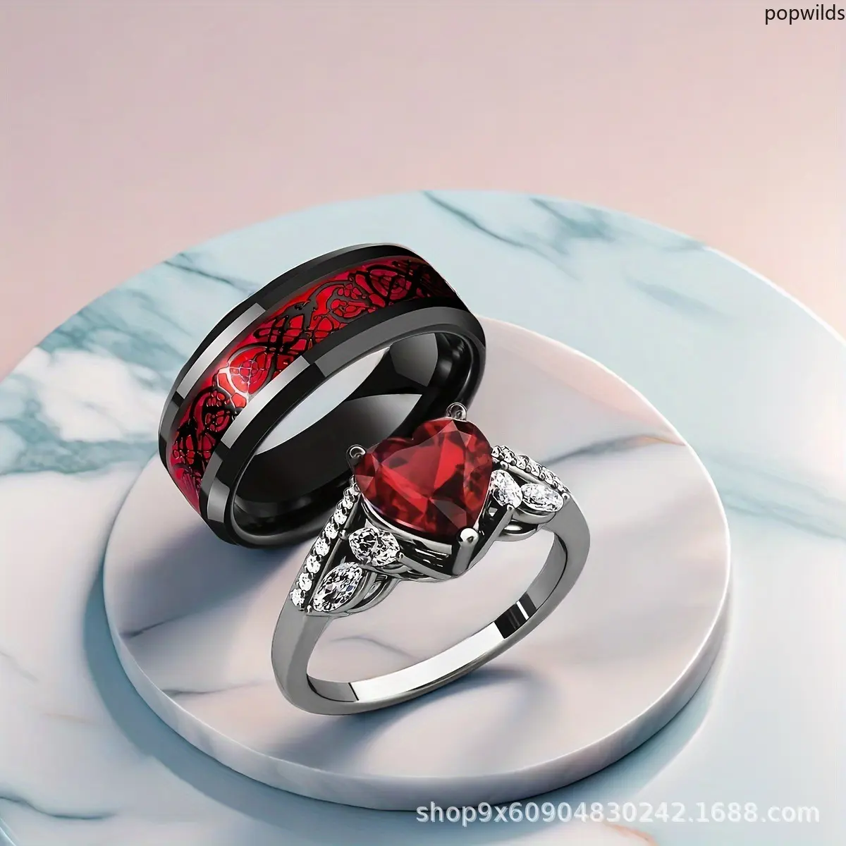 Stainless Steel Couple Rings Set, Red Heart Ruby Inlaid Fashion Women Ring & Simple Men Band, Popular Christmas Holiday Jewelry Gift