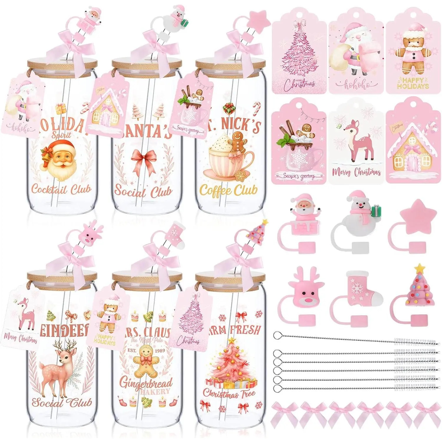 6 Set Christmas Glasses Cups 16 oz Xmas Drink Cup with Lid Straw and Stopper Can Shaped  Tumbler Christmas  Appreciation Gifts with Cards and Bow for Women Birthday Party Favor