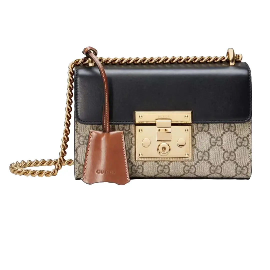 Pre-owned GUCCI Small Padlock GG Supreme Canvas Black Leather Flap Chain Shoulder Crossbody Bag Gold Padlock Hardware/01006