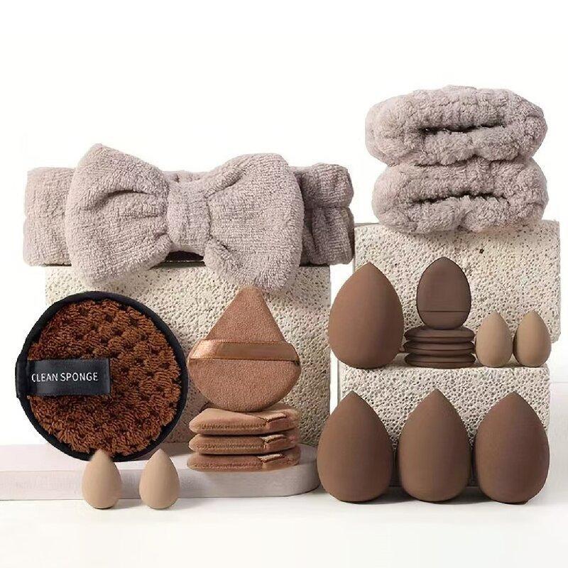 Beauty Tool Set Includes Makeup Brushes, Beauty Blender, Finger Puffs, Cushion Compact, Powder Puff, Cleansing Puff, Hair Tie, Travel Bag