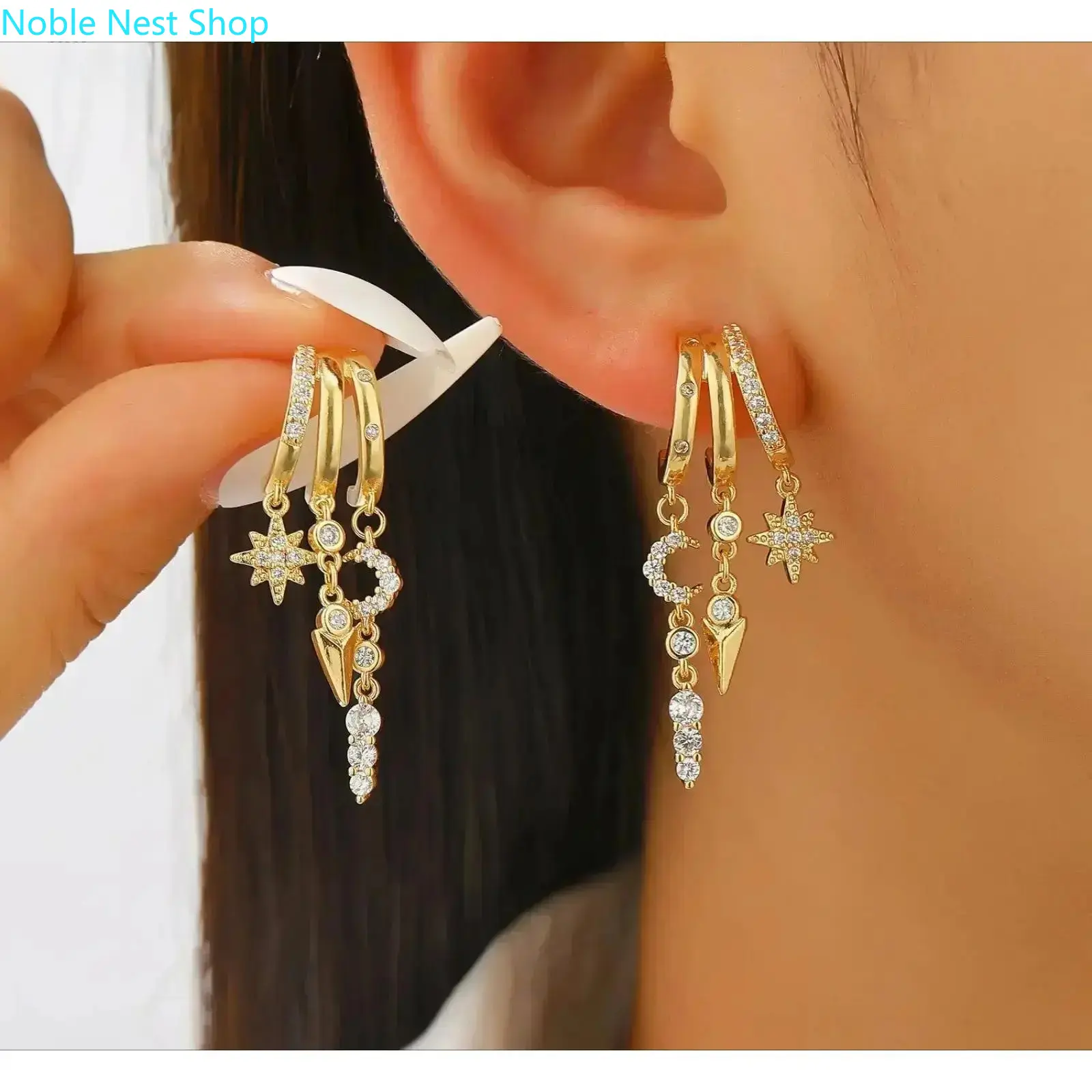 Women’s Irregular Tassel Zircon Hoop Dangling Earrings - Stacked Studs, Tassel Detail, Luxury Look Party Wear Jewelry for Daily, Wedding Gifting, Zircon Stones, Gemstone, Costume Earrings, Fashionable Earrings