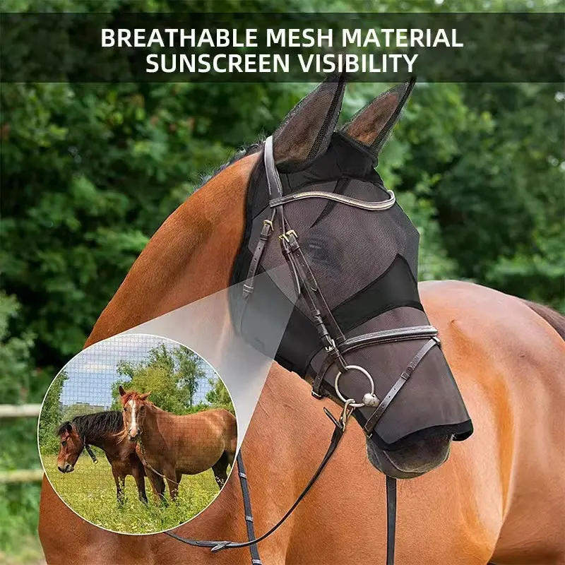Summer Horse Mask, Fly Prevention Equestrian Long Nose Fly Mask, Horse Face Cover, Mosquito Protection, Breathable Fabric, Insect Shield, Sunshade