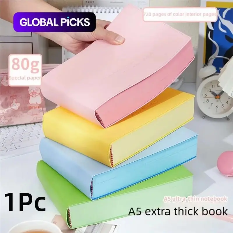 A5 Super Thick Dopamine Notebook, 4.5cm Thick 720 Pages, Soft PU Leather Cover, 80 Gsm Colored Pages, Ribbon Bookmark, Journaling Essentials, Journaling Supplies