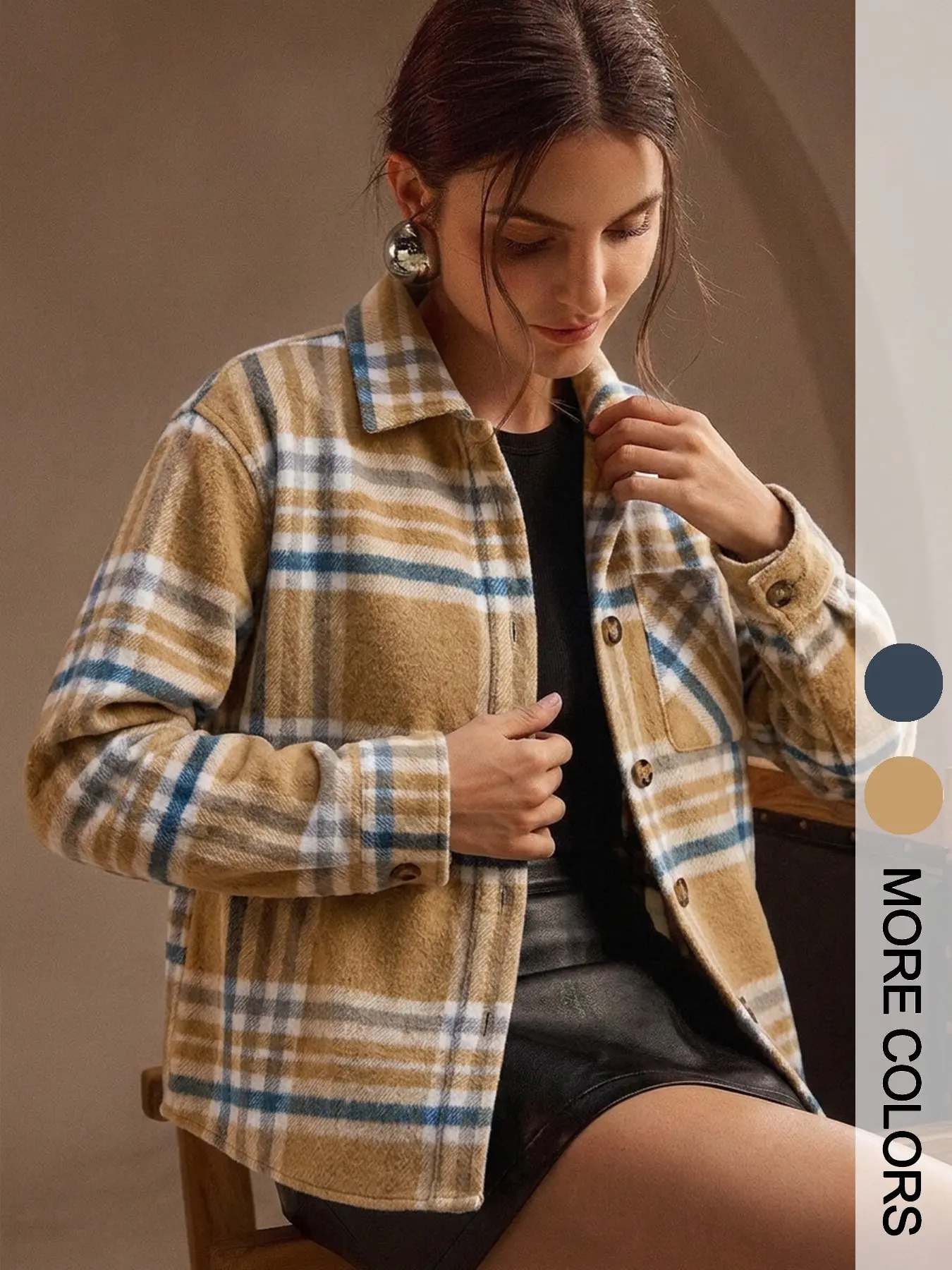 Women's Plaid Collar Short Sleeve Shirt Jacket, Thickened Fleece Checkered Blouse, Loose Fit Casual Workwear Coat for Fall & Winter