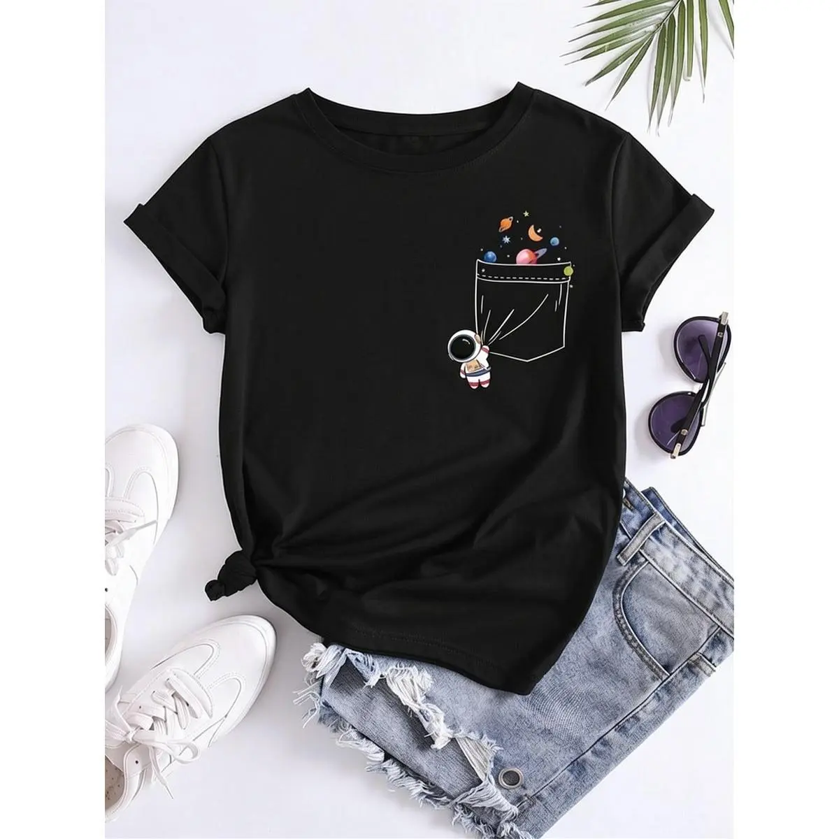 Women's T-Shirt with Cartoon Astronaut Print and Pocket, Comfortable Heavy Cotton Short Sleeve Crewneck, Unisex Classic Fit Top for Summer, Shortsleeve, Cartoon Style, Machine Wash, Vibrant Print, Cartoon Print