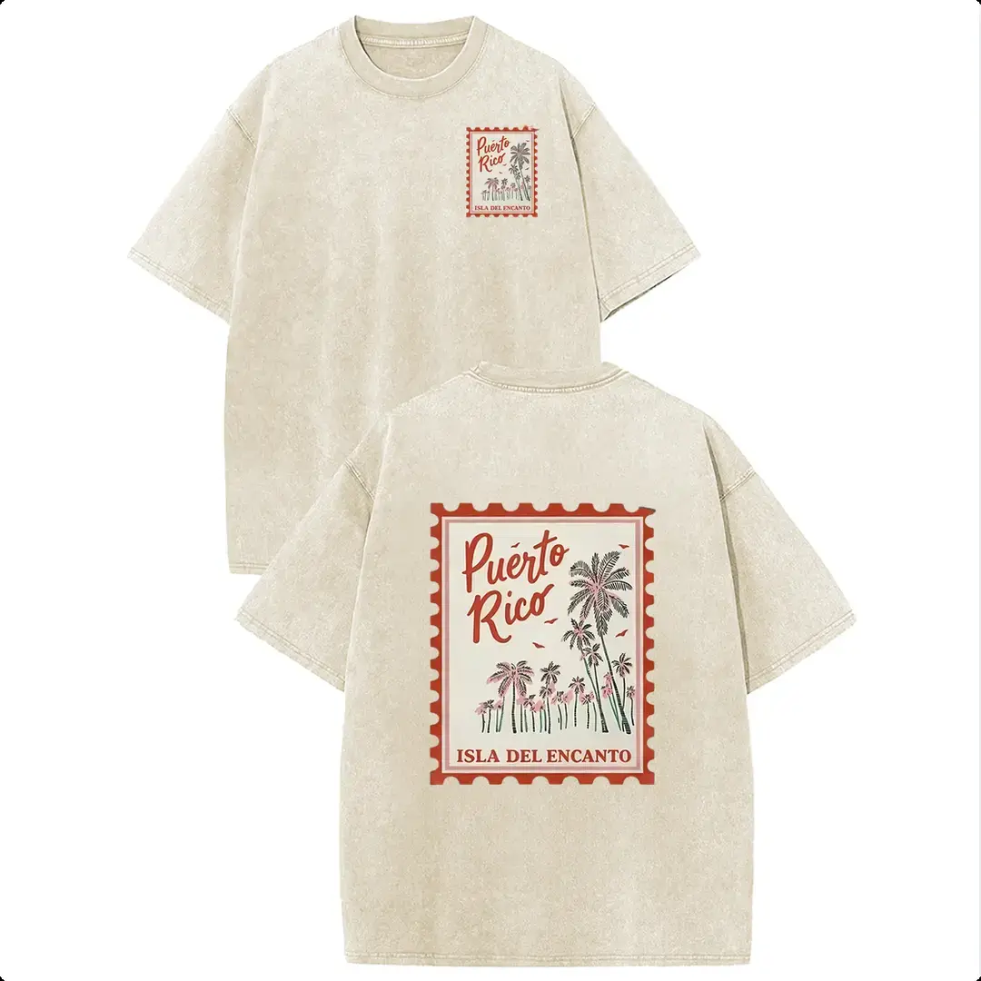 Puerto Rico Stamp Womens Acid Washed T‑Shirt Retro Dual‑Side Graphic Printed Unisex Fashion Tees Summervibes Casual Top 2026