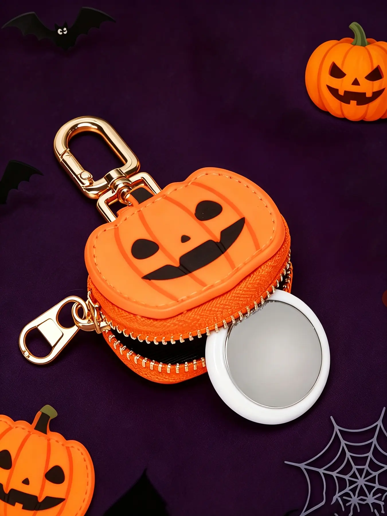 Unisex Portable Mini Storage Pouch For Halloween Party Lovers, Pumpkin & Spider Web Design With Metal Hook Zipper Coin Purse Fun Holiday Accessory Bag