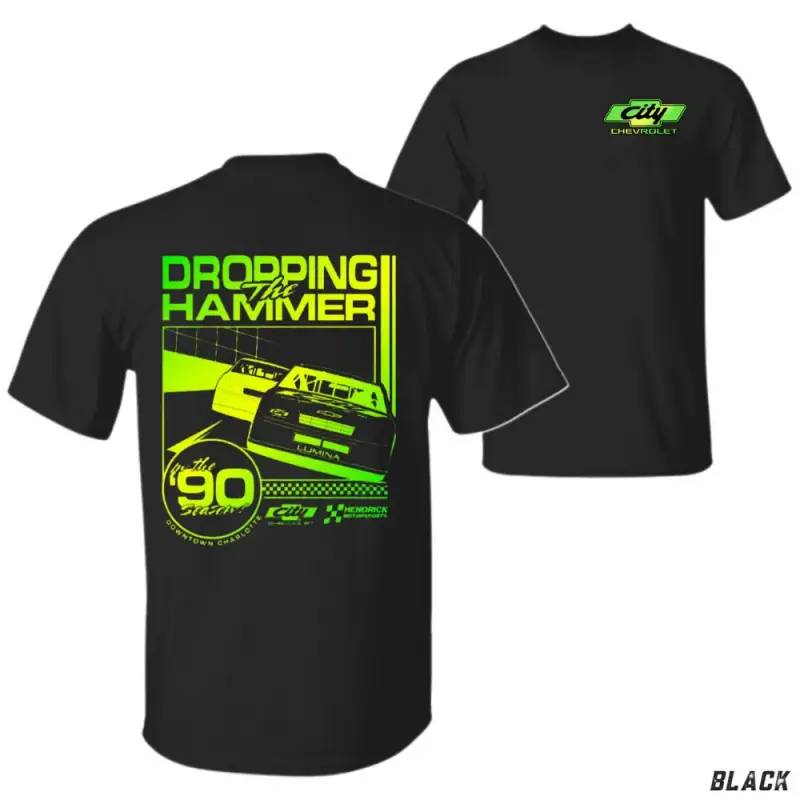 Dropping the Hammer Chevy Short-Sleeve Round-Neck Casual Menswear Streetwear T-Shirt, Retro 90s Stock Car Racing Graphic, Neon Green Motorsports Speed Top, Gift for Pit Crew Drivers, Shortsleeve