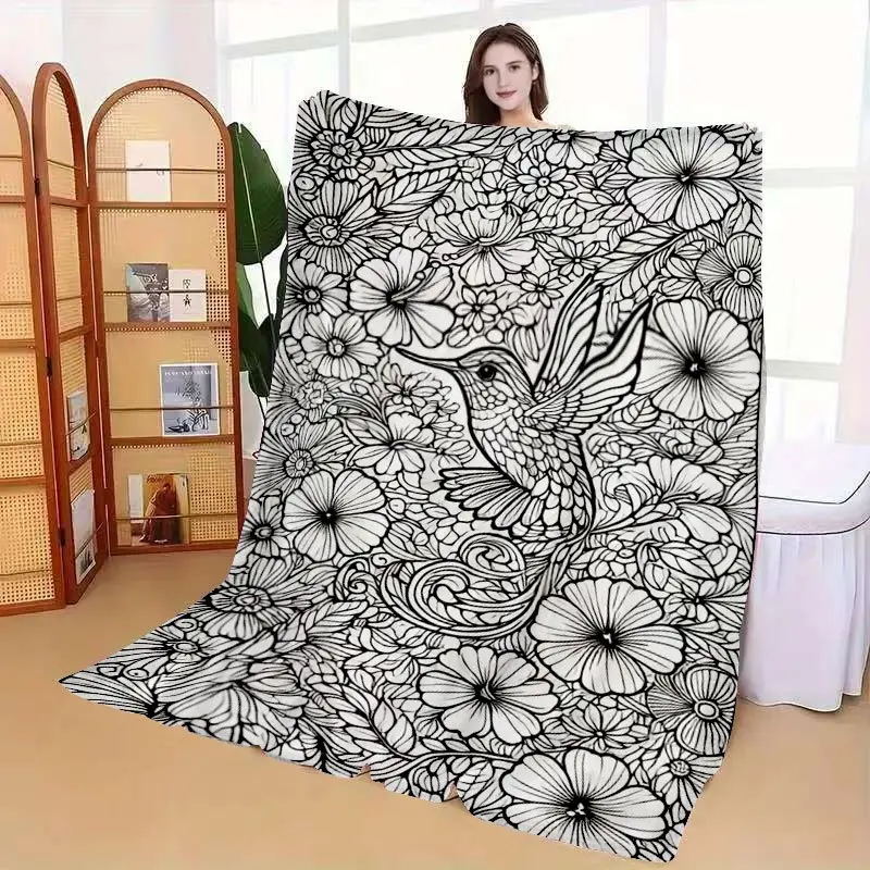 Hand-Drawn Floral And Bird Coloring Flannel Blanket, Graphic Throw Blanket, Adult Relaxation Coloring Blanket, Home Office Nap Warm Blanket, Outdoor Camping Picnic Leisure Blanket, Double-Sided Printed Skin-Friendly Soft Multifunctional Blanket