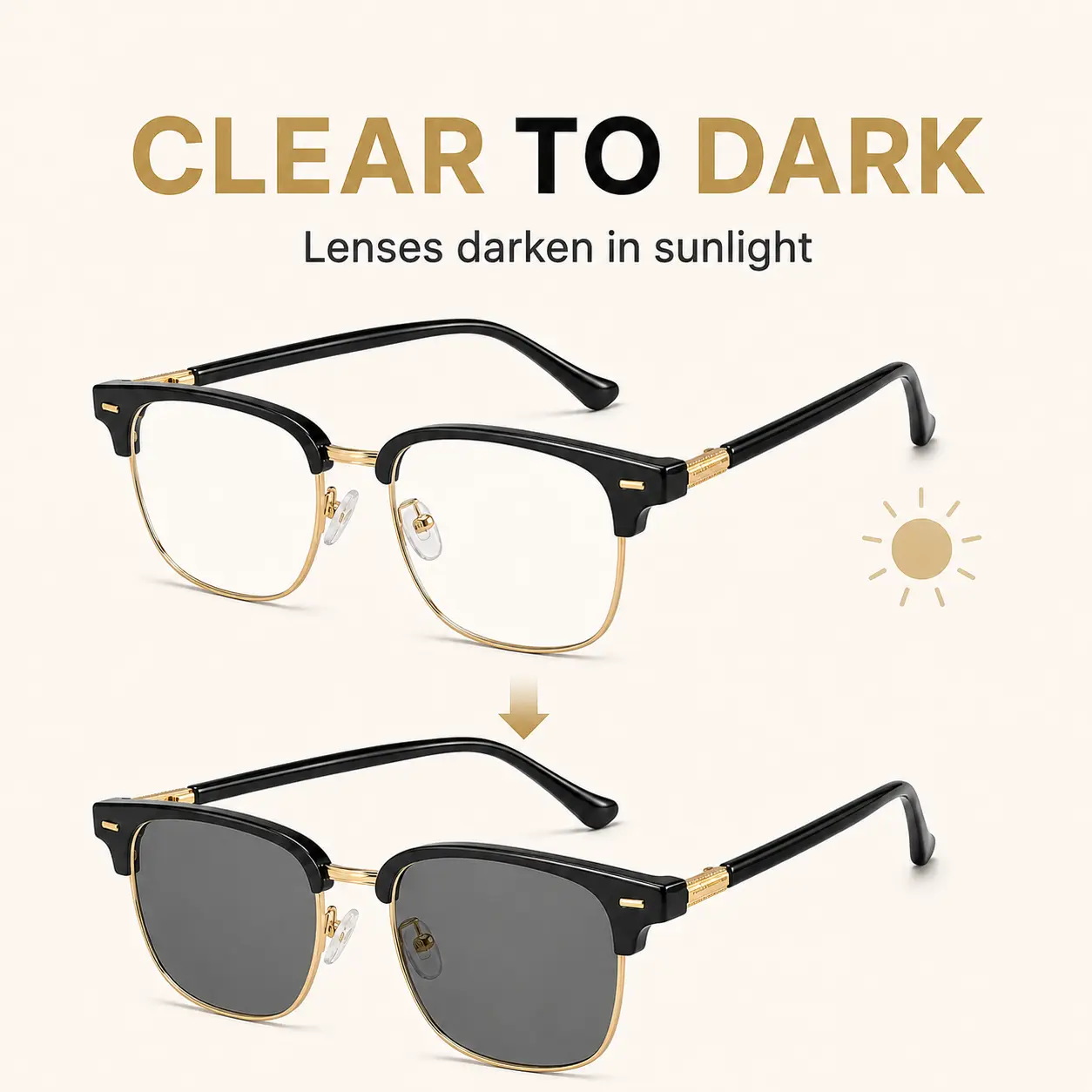 Unisex Photochromic Blue Light Glasses, Retro Black Gold Square Frame Eyewear with UV Activated Clear to Dark Lenses, Lightweight Glasses for Men Women Daily Wear
