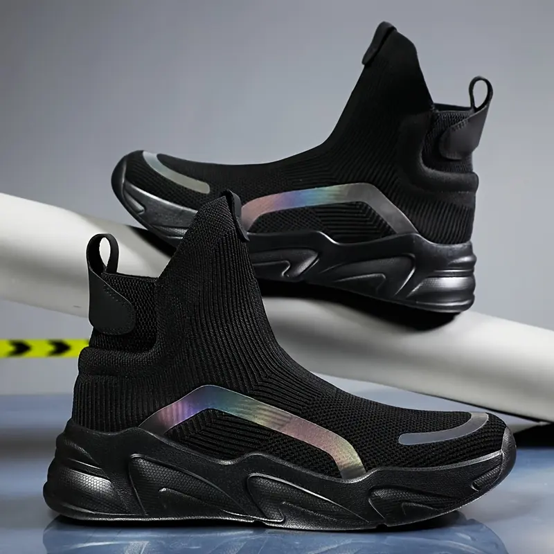 GGOR Woven Knit Sock Boots, Black and White Contrast Color Platform Shoes, Trendy Reflective Casual Shoes, Laceless Slip-On Men's Shoes