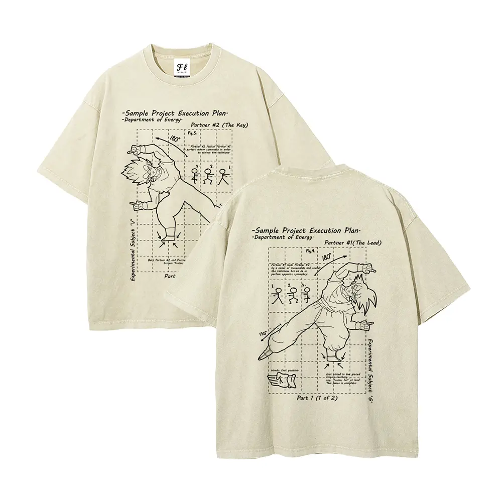 Acid Washed Oversized Y2K Anime Blueprint Graphic T-Shirt, Front & Back Spiky Haired Warrior Motion Grid Schematic Text Dual-Sided Print Tee, Vintage Grunge Streetwear, 100% Cotton Unisex Short Sleeve Shirt