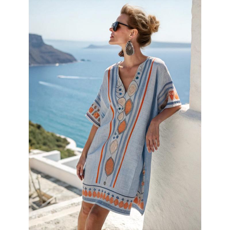 2026 New Hot-Selling Beach Vacation Style V-Neck Bohemian Printed Loose Beach Dress Vacation Style