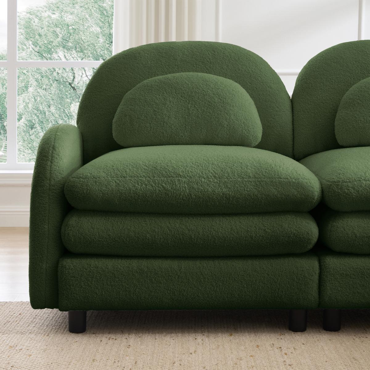 Teddy Fabric Soft Cloud-like Loveseat Sofa,Curved Backrest and Armrest with Curved Lumbar Pillows, Modular 2 Seater Couch with Supportive Double-layer cushion, Green