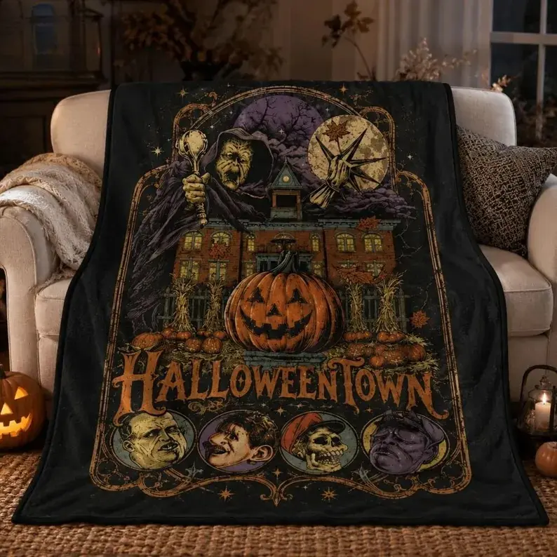 Retro Halloweentown Blanket, Vintage Halloween Town Fleece Throw, Spooky Pumpkin Design, Awesome Halloween‑Inspired Horror Movie Fan Gift! # VintageHalloweenVibes # CozyThrowBlanket # FallHomeDecor # Spooky Season