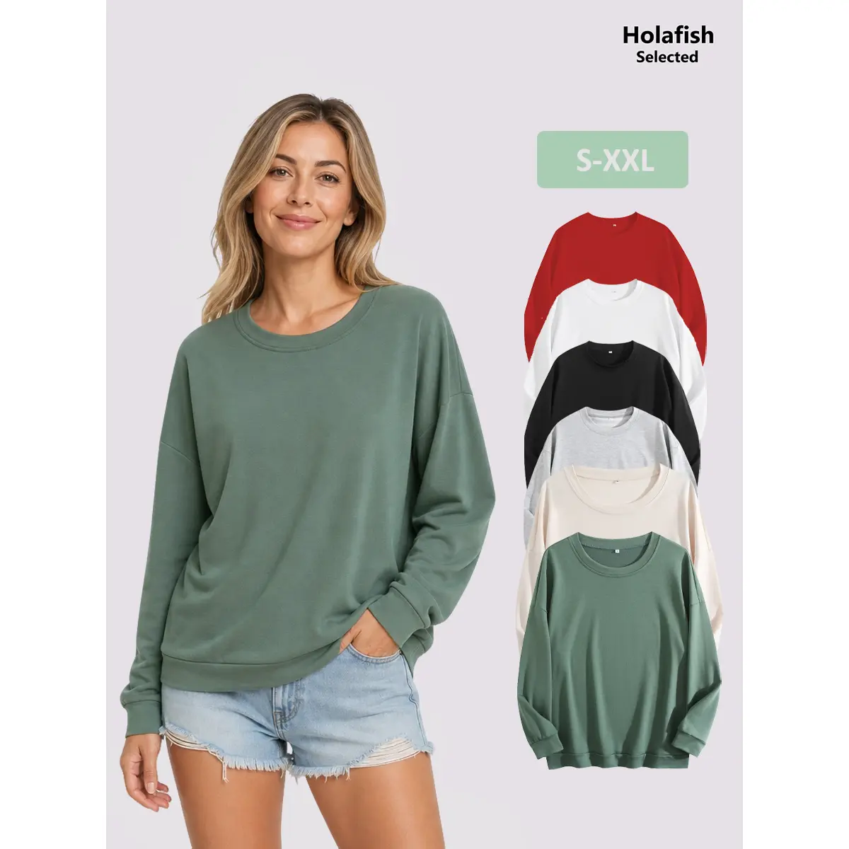 Holafish Women's Lightweight Fall Crew Neck Sweatshirt, Casual Loose Drop-Shoulder Long Sleeve Pullover, Soft Thin Relaxed-Fit Basic Autumn Daily Outfit Top