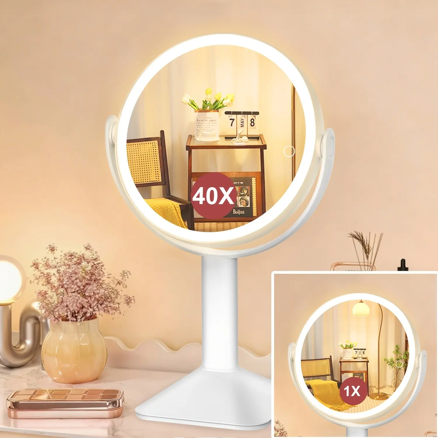 1X/40X Magnifying Mirror with Lights Suitable for for & Travel, - Vanity Mirror with Dimmable 3-Color, Smart Touch Control, 360° Rotation, Double-Sided Mirror & Tweezers for, Gifts for Mom