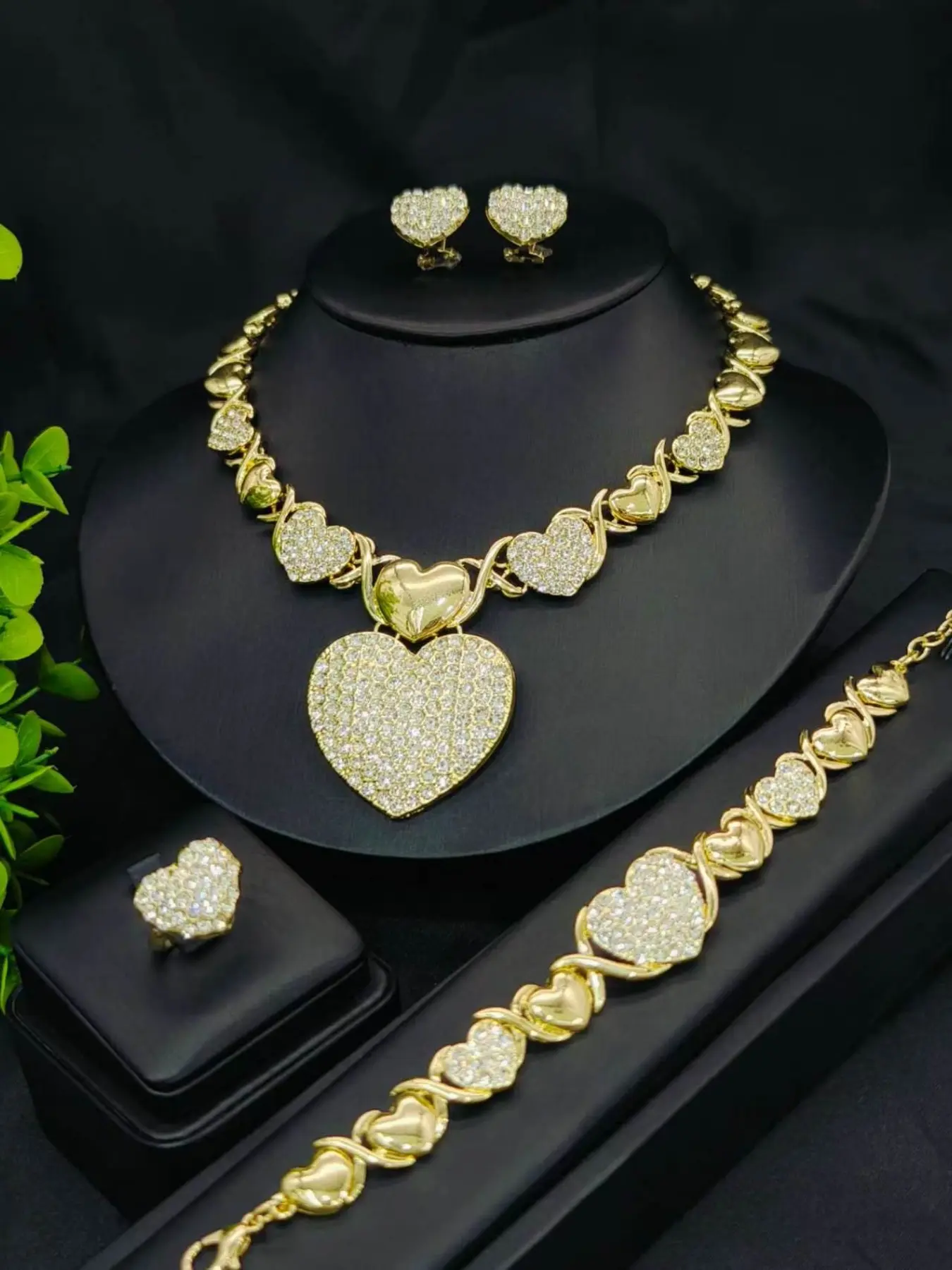 Elegant Xo Heart Rhinestone Fashion Jewelry Set, Necklace Bracelet Ring Earrings, Wedding Party Gift, All Seasons Ethnic Style