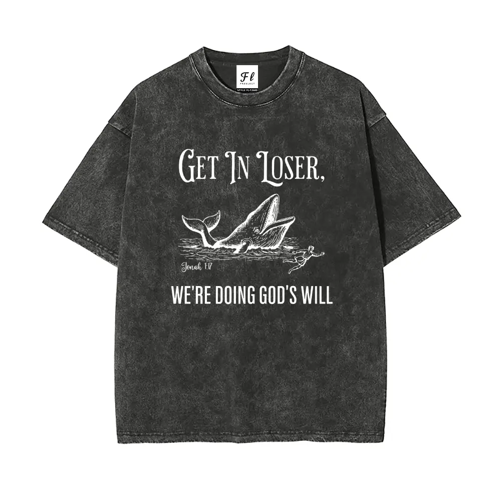 Get In Loser, We're Doing God's Will Graphic Washed T-Shirt, Vintage Graphic Tee Round Neck Summer Cotton Oversized Top Unisex Short Sleeve Washed T-shirt Graphic Top for Women & Men