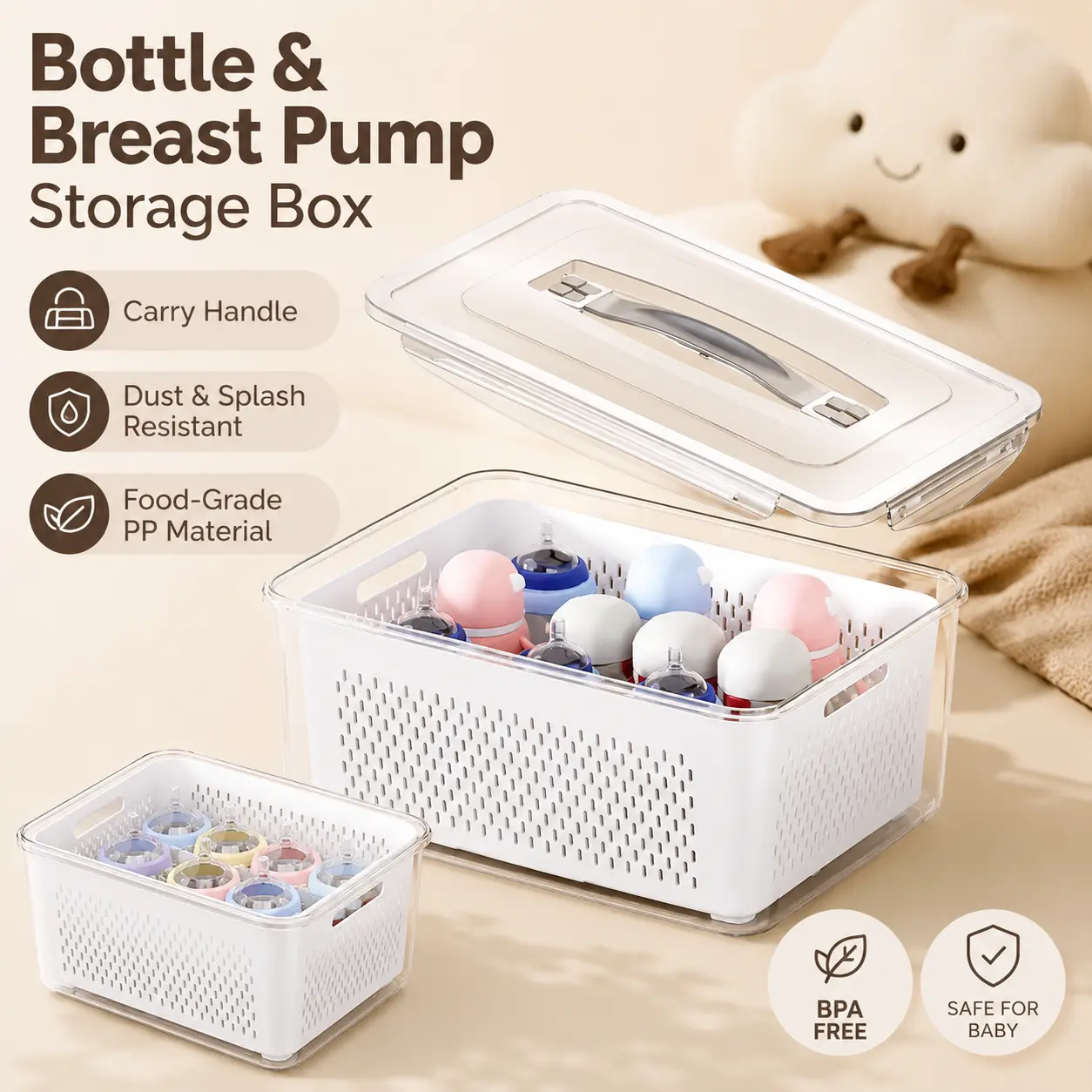 Maternity Breast Pump & Baby Bottle Storage Box - Square Shape, Portable, Dust-Proof Lid, Water-Drainage for Outings, 4.5L Square, Multi-Size, Compact