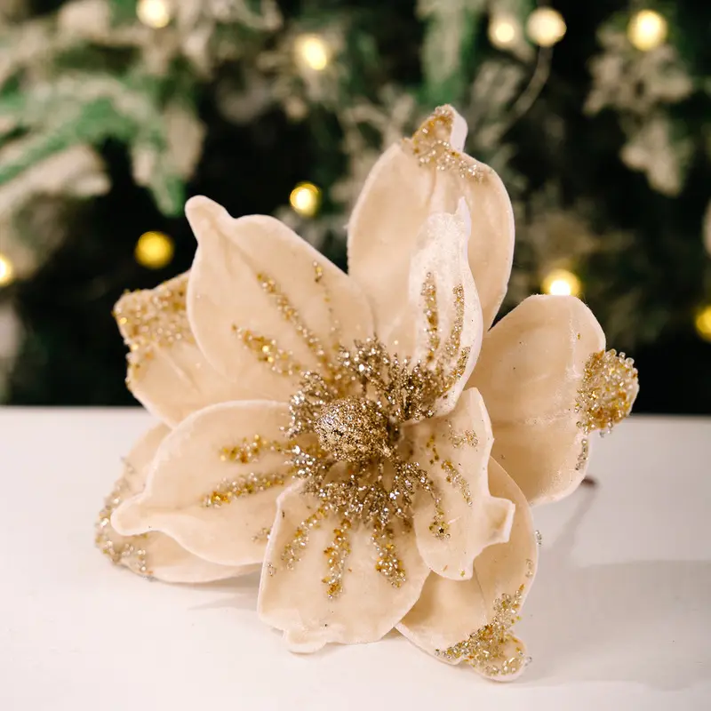 Velvet Christmas Poinsettia Flower Ornament with Glitter, Artificial Magnolia Floral Pick for Tree Wreath Garland Table Centerpiece, Home Wedding Party New Year gift idea, Decorative Flowers