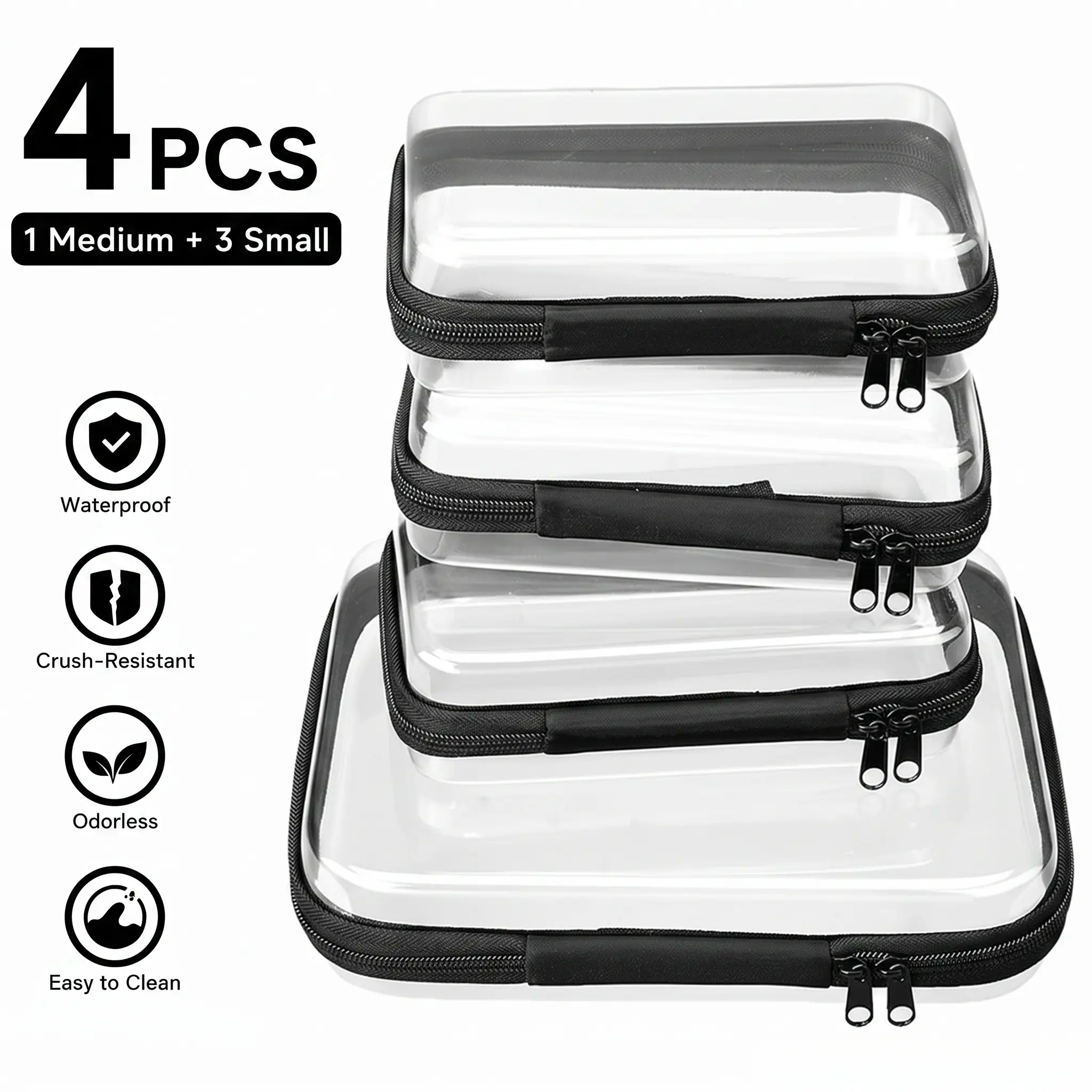 4 pcs Clear Organizer Storage Box Clear Hard Zipper Case PVC Plastic CLear Storage Containers for Tools & Small Objects Girl Stuff Portable Travel Organizer Set Makeup Organizer Jewelry Box Toy Storage Bins High Transparency-YY1