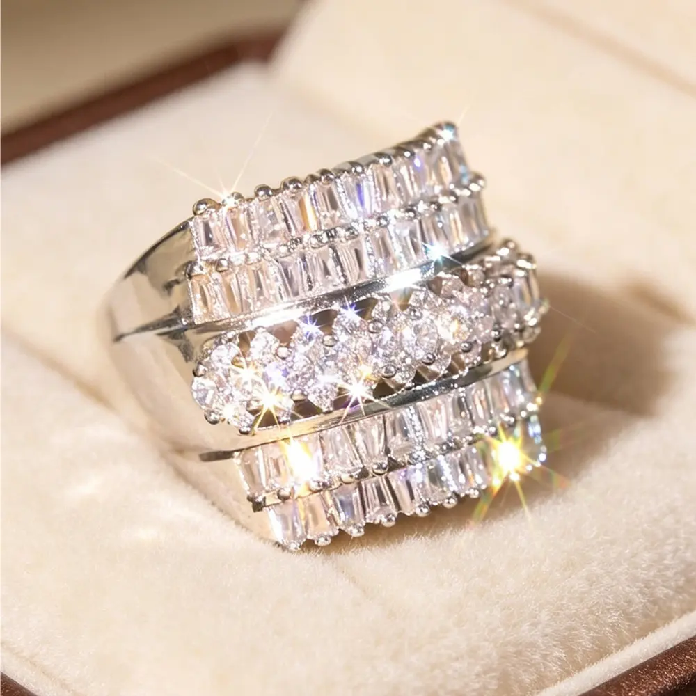 Triple Layer Statement Ring, Baguette & Round Pave Band, Wide Band Design, Sparkly Cocktail Ring, Viral Trendy Jewelry for Parties, Weddings & Everyday Wear