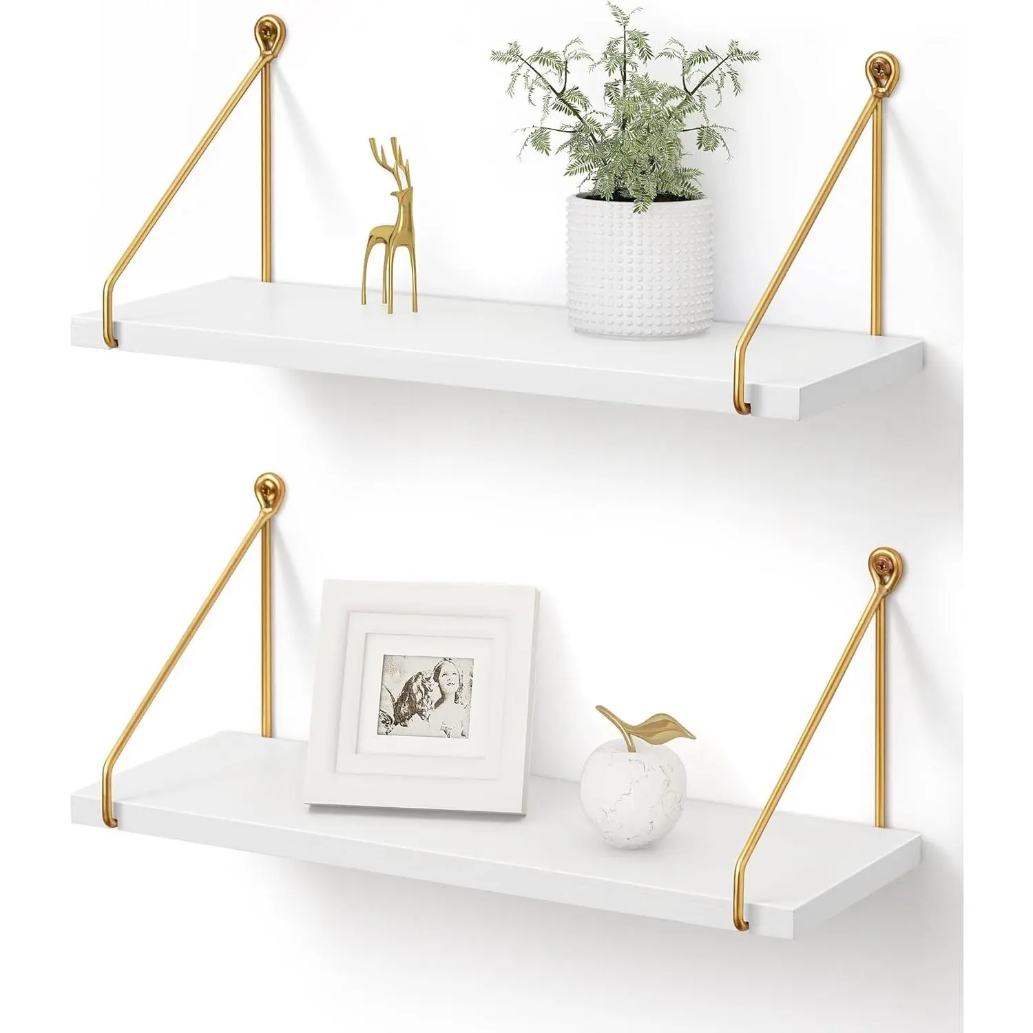White and Gold Floating Wall Shelves with Brackets, Solid Wood and Metal Hanging Display Shelves for Plants, Bathroom, Kitchen, Living Room, Bedroom, Home DecorGift