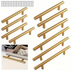 10-Pack Brushed Gold Cabinet Handles, 304 Stainless Steel Drawer Pulls with Screws, Complete Set, Modern Elegant Design, Suitable for Cabinets, Dressers, Furniture Hardware