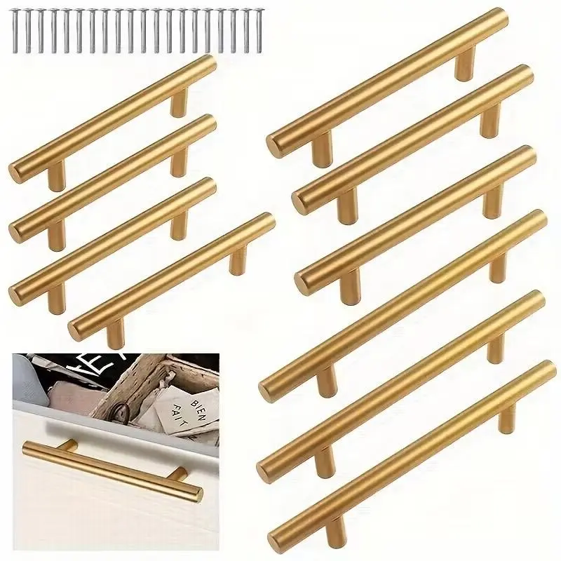 10-Pack Brushed Gold Cabinet Handles, 304 Stainless Steel Drawer Pulls with Screws, Modern Elegant Design, Durable, Suitable for Cabinets, Dressers, Furniture Hardware