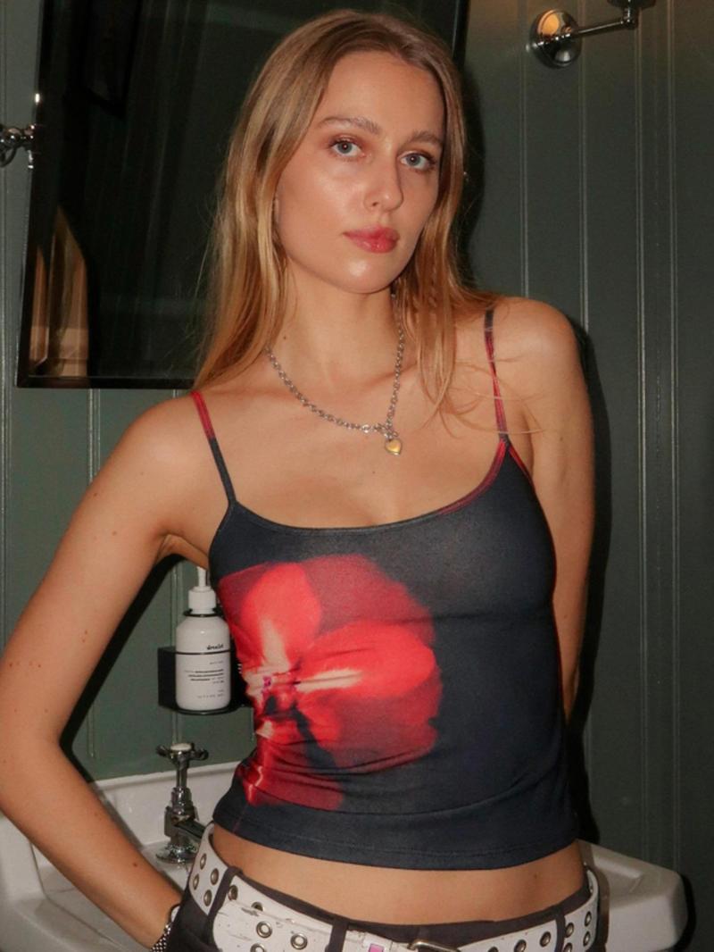 Women's Floral Print Backless Cami Top, Casual 2000s Y2K Adjustable Spaghetti Strap Crop Top, Ladies Back To School Summer Clothes for Party Club, Womenswear