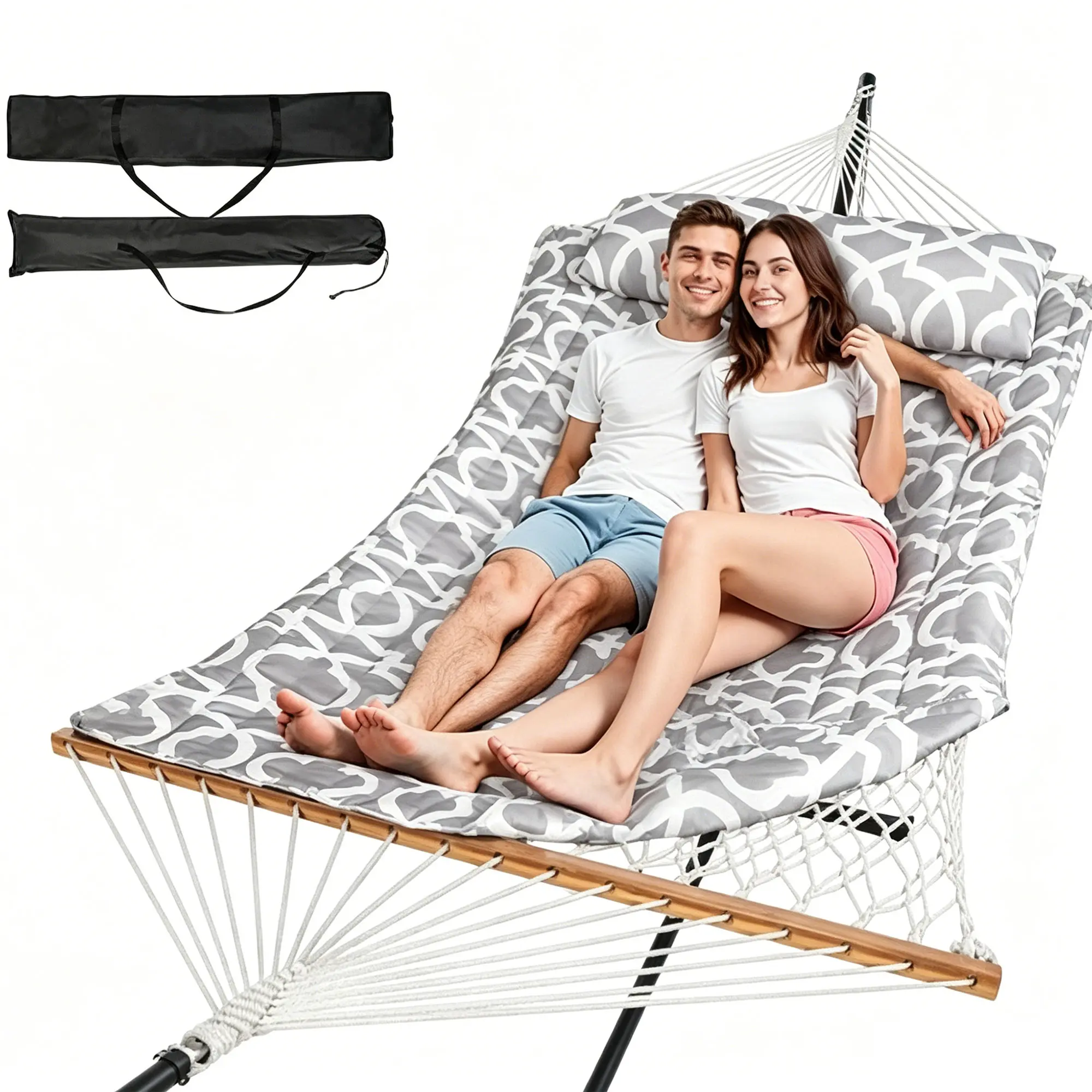 Double Quilted 2 Person Outdoor Hammock, No Stand Included, Large Removable Pillow, Cotton Rope & Polyester Pad, 500lbs Weight Capacity for Patio, Backyard, Garden, Beach