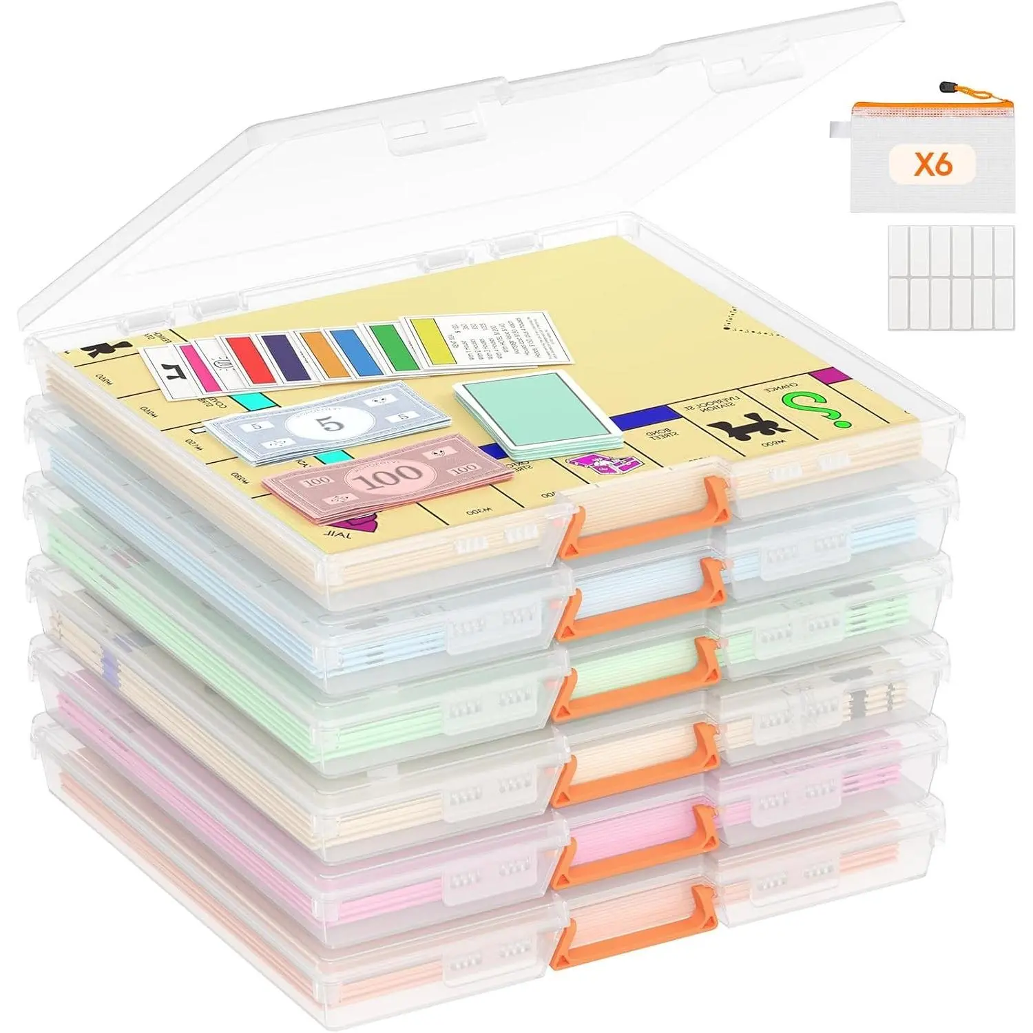 6 Pcs Board Game Storage Boxes, 12.2x10.6'' Paper Container with Secure Latch, Plastic Portable Organizer with Handle & Labels for File,Document,Puzzles, Cards, Art Supplies