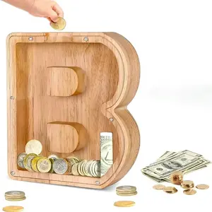2026 New Letter Piggy Bank, Wooden savings box, A Must-Have for Coin & Bill Storage, Wooden Money Box & Storage Jar with Acrylic Clear Lid,For Adults & Kids, DIY Combination, Living Room/Bedroom Decor, Perfect Birthday Gift