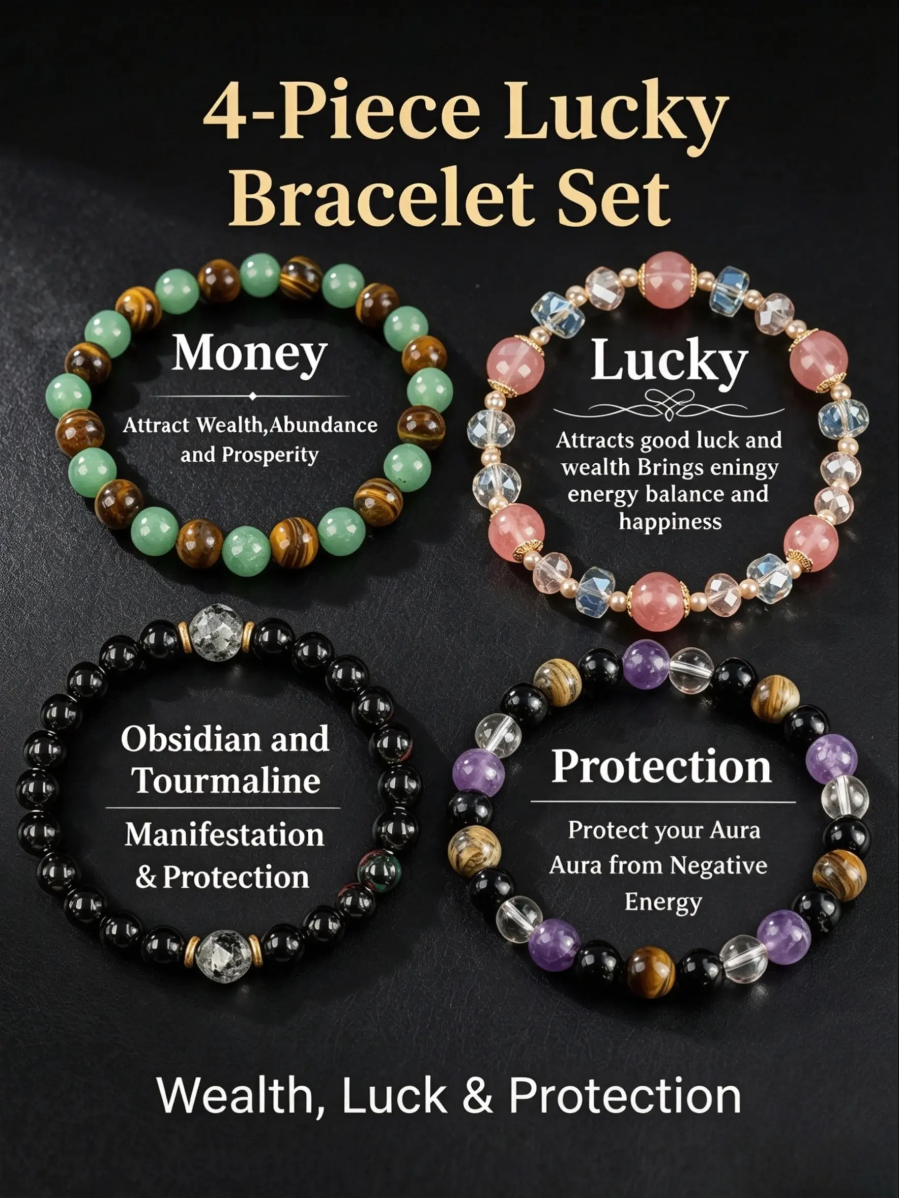 4-Piece Unisex Crystal Bracelets, Money Attraction Bracelet, Attract Wealth, Lucky, Healing Jewelry, Perfect for Parties, Ideal Gift for Her