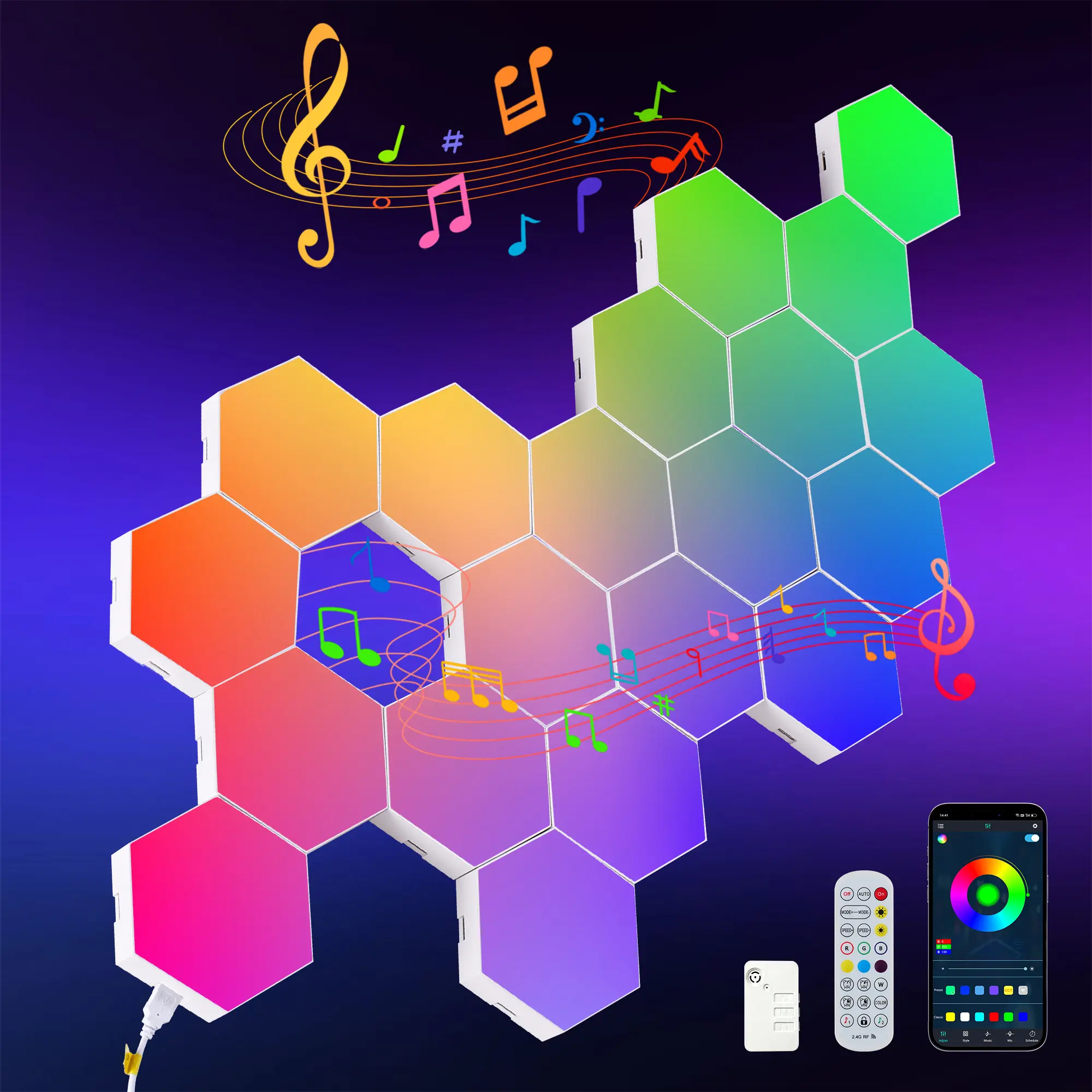 Hexagon LED Wall Lights, RGB Gaming Lights with App & Remote Control, Music Sync Smart LED Panels, DIY Modular Wall Decor for Bedroom, PC Gaming Room